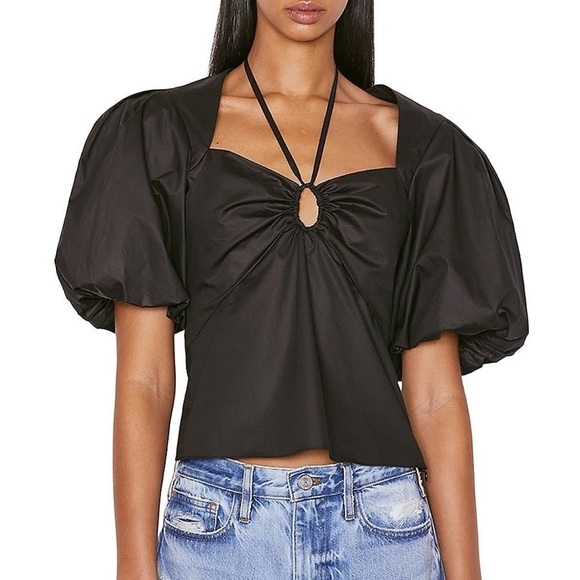 Frame Denim Tops - FRAME Black Tie-Neck Puff Sleeves Blouse size Small